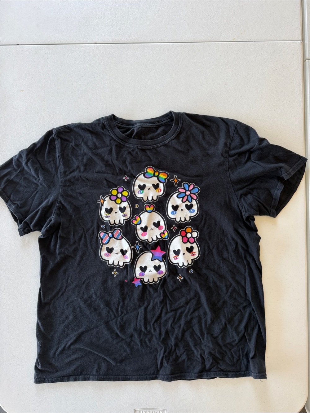 Black Skull Graphic Tee with Colorful Accents